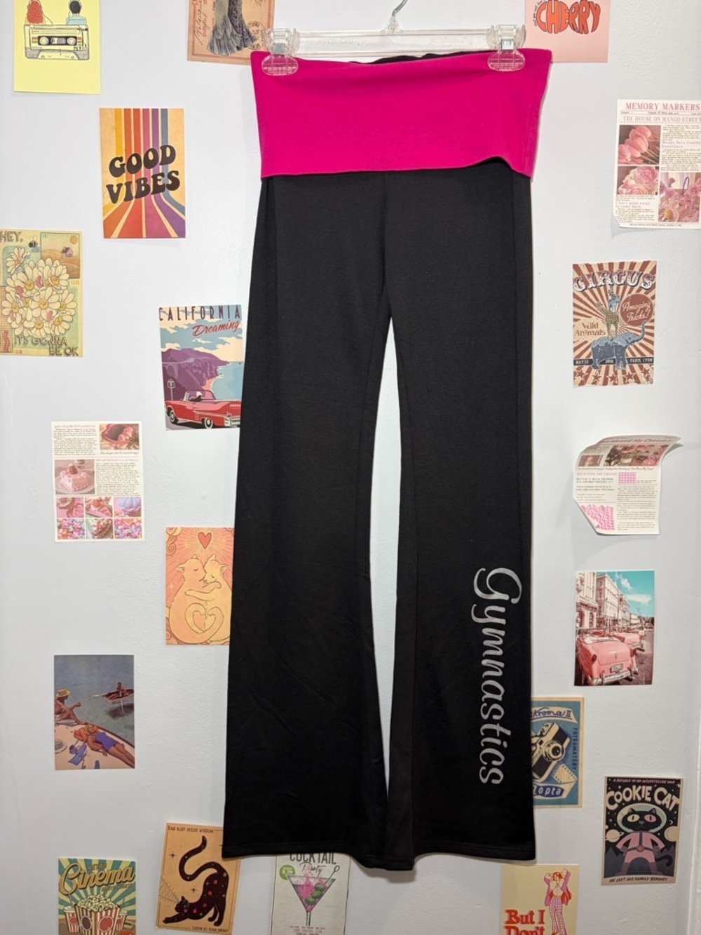 Black Yoga Pants with Hot Pink Foldover Waistband and 'Gymnastics' Side Script